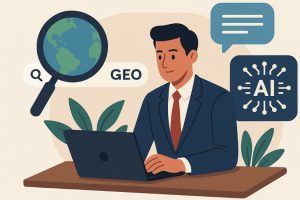 אילוסטרציה של בעל עסק מול מחשב, עם סמלי GEO, גלובוס ו-AI — המחשה ליישום GEO בעסק מקומי.