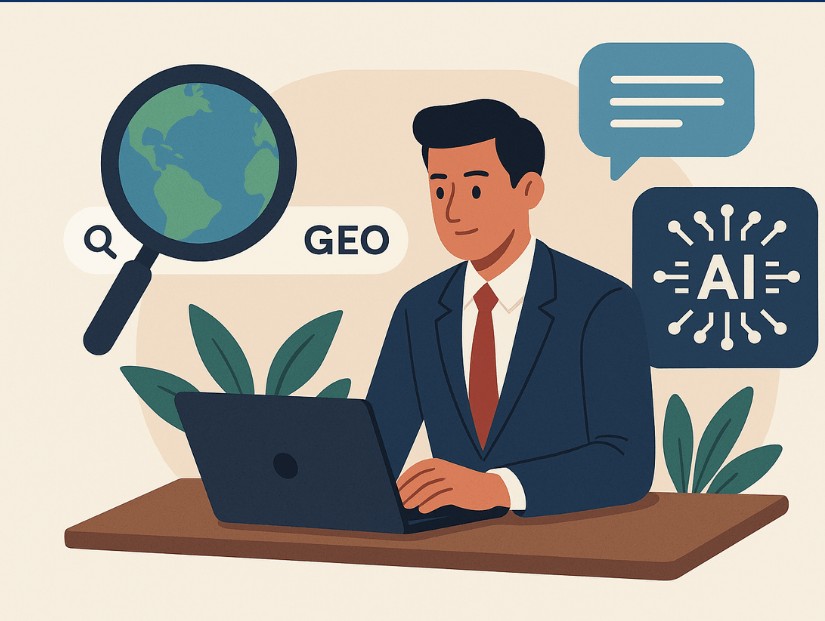 אילוסטרציה של בעל עסק מול מחשב, עם סמלי GEO, גלובוס ו-AI — המחשה ליישום GEO בעסק מקומי.