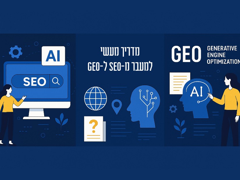באנר תלת-חלקי בגווני כחול המציג מעבר מ-SEO ל-GEO עם סמלי חיפוש, AI ודמויות מאוירות.